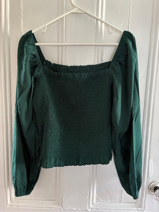 Tops - Smocked Square-Neck Long Sleeve Top - Deep Green